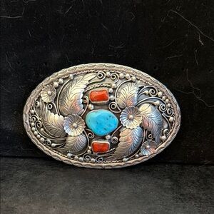RBP Raymond Platero Sterling Silver Squash Blossom Turquoise & Coral Belt Buckle